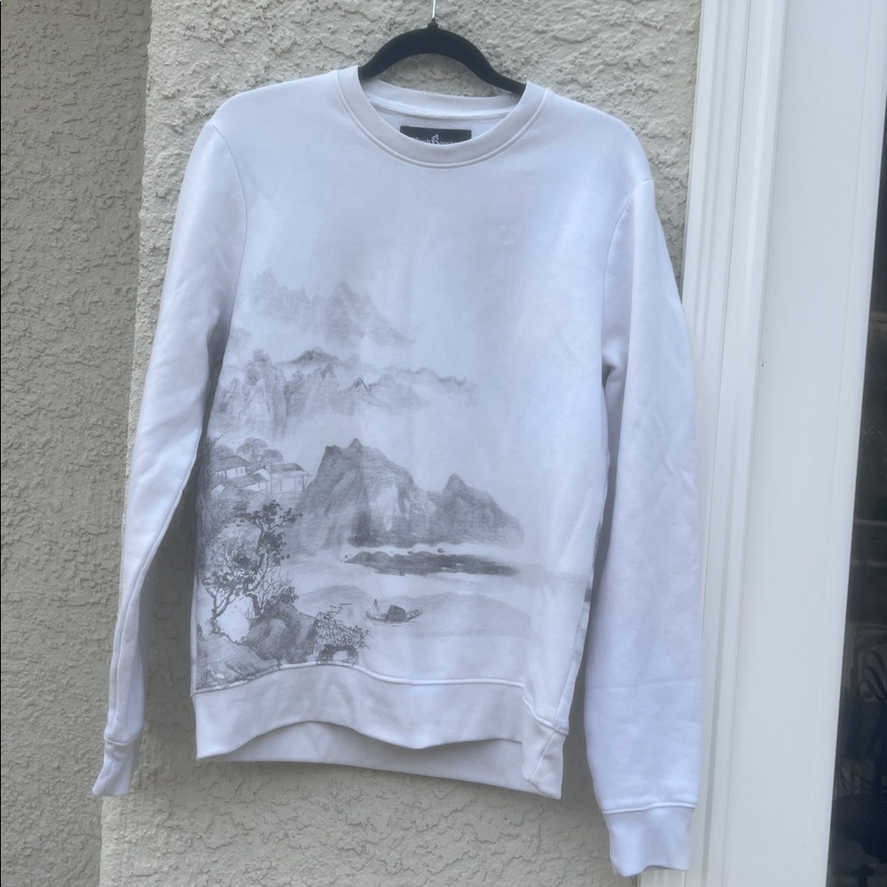 Blind Rooster Graphic Wrap Around Crewneck Sweatshirt White Men's Size S